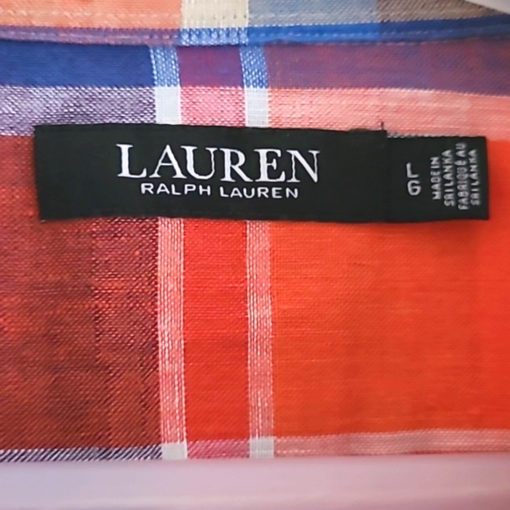 Lauren Ralph Lauren Plaid Linen Shirt. Size Large. Orange/Blue. Western Cowgirl. - Picture 5 of 16